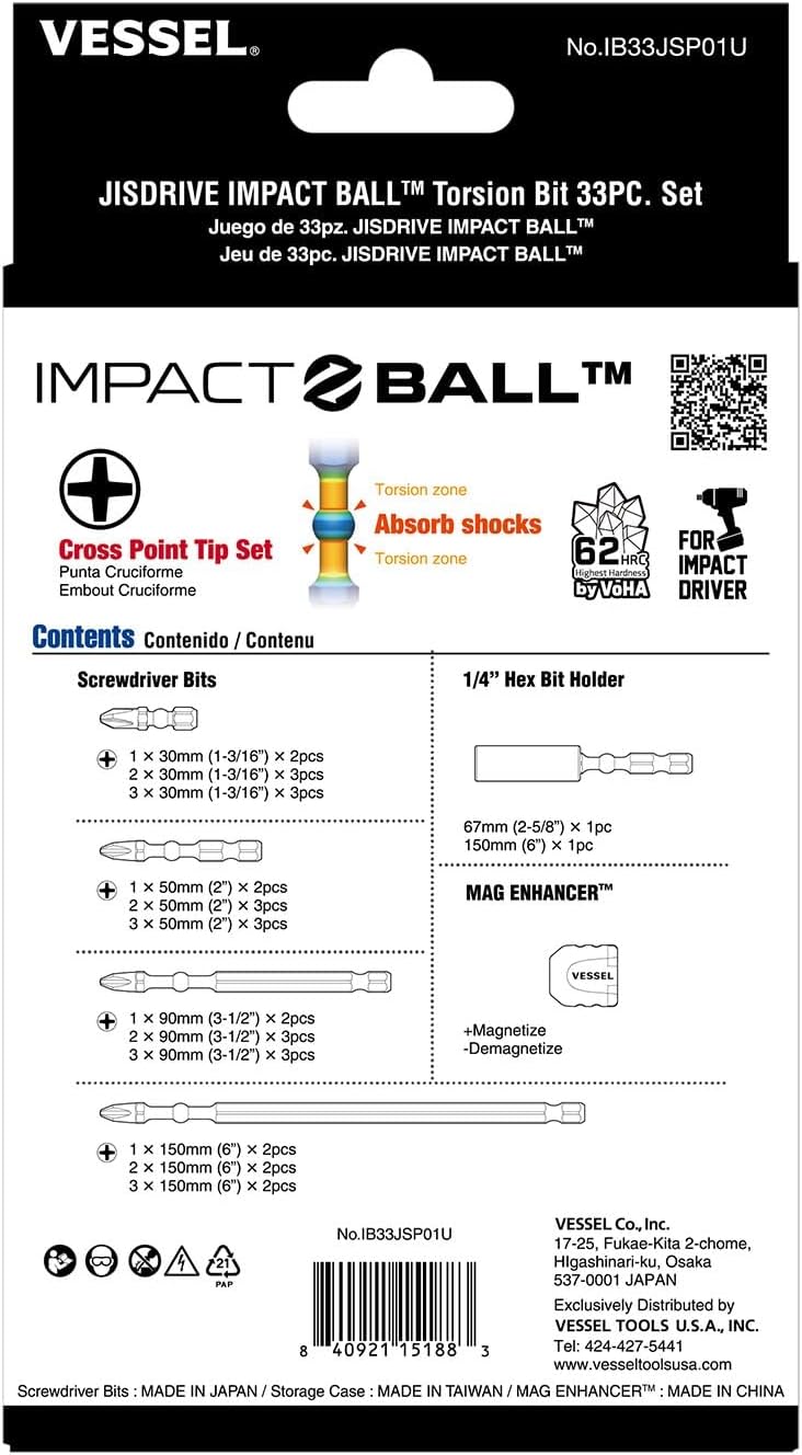 Vessel 33 pc. JISDRIVE Impact Ball Torsion Bit set (IB33JSP01U)