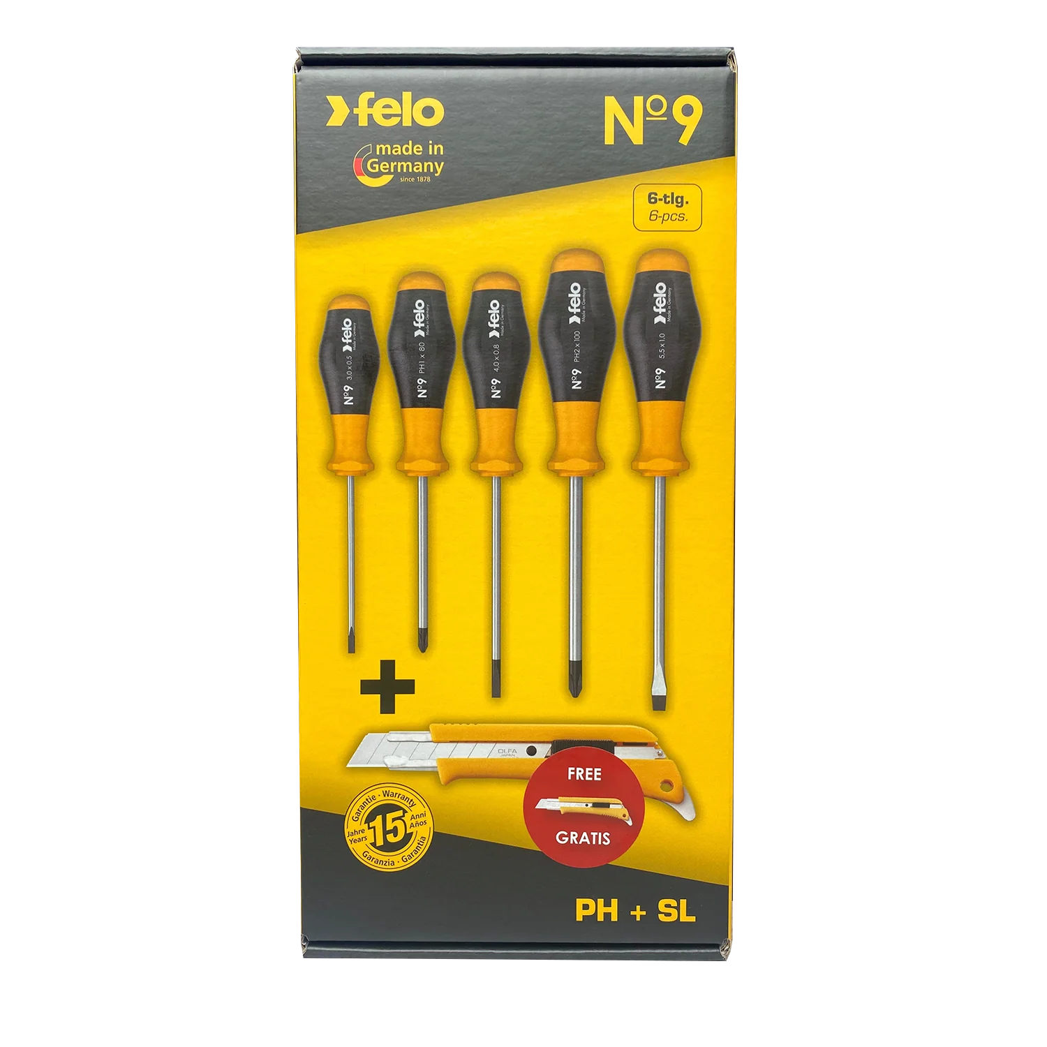 Felo 5 pc Slotted & Phillips Screwdriver Set w/ Olfa Cutter (65231
