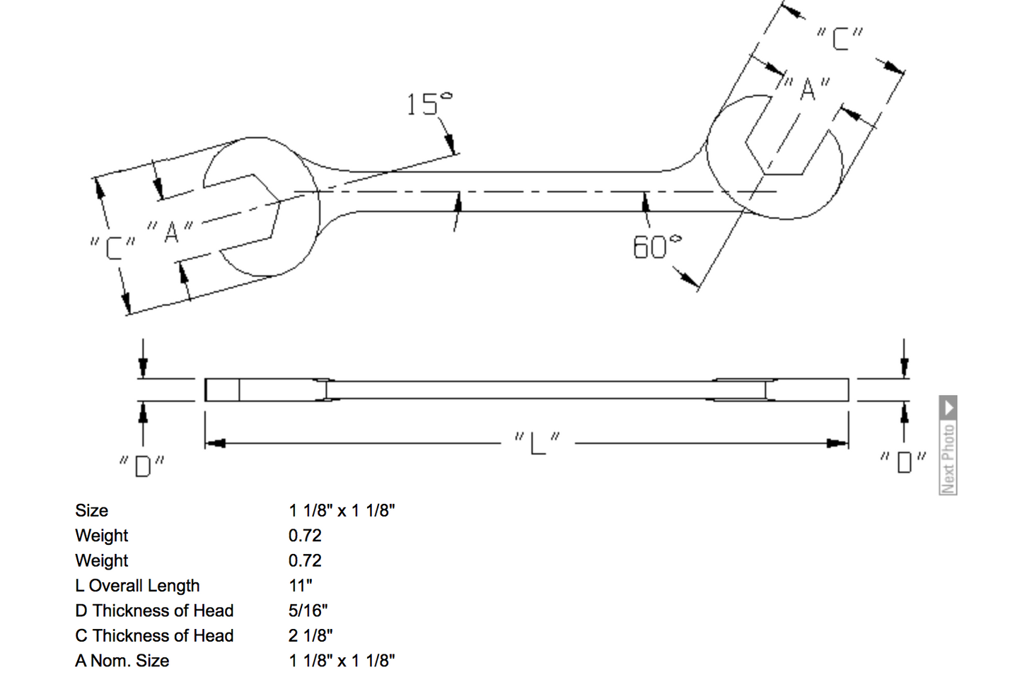 1-1/8" x 1-1/8" Open End Wrench Double Angle 15 & 60 Degree (1384WR)