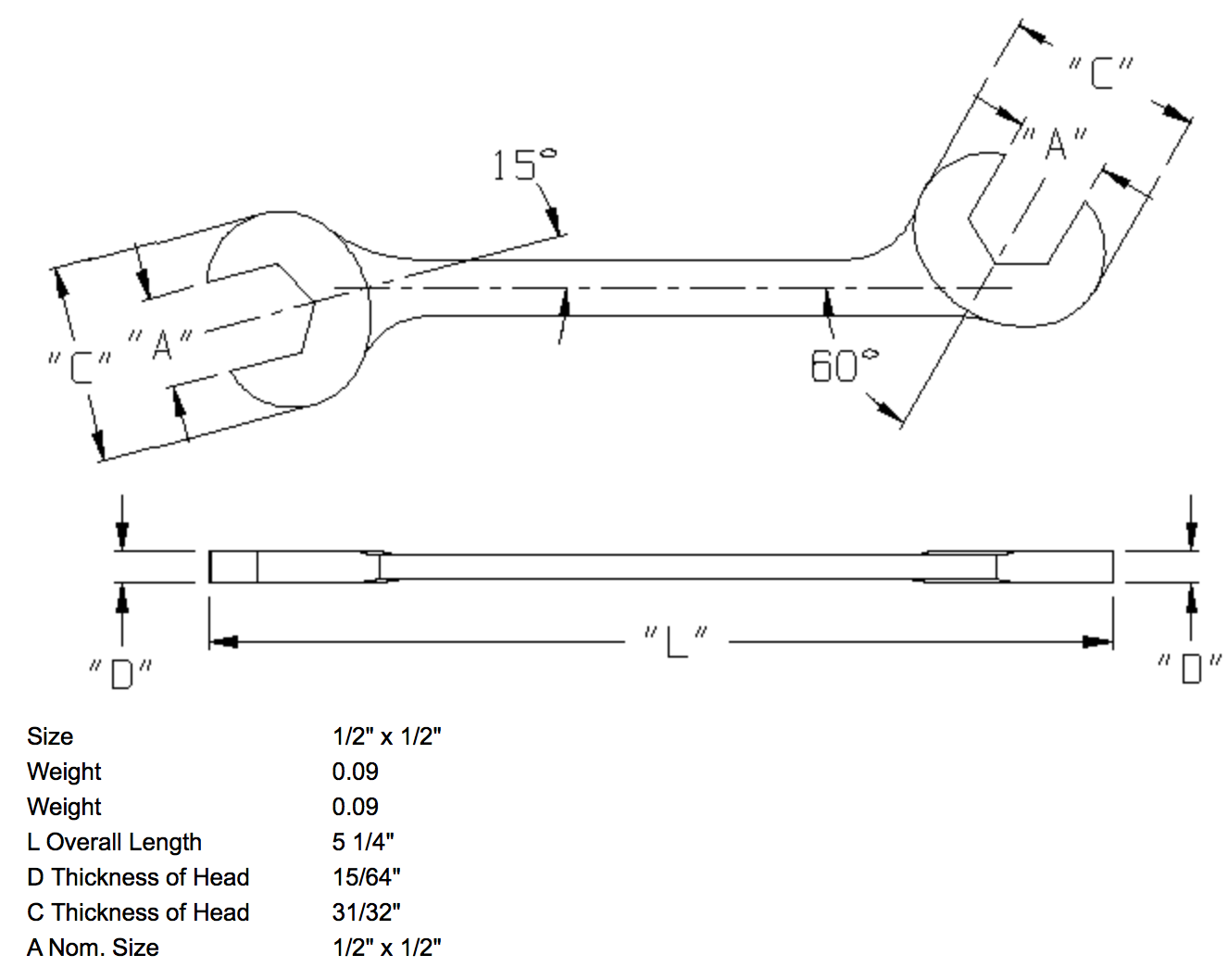 Wright 1/2" x 1/2" Open End Wrench Double Angle 15 & 60 Degree (1366WR)