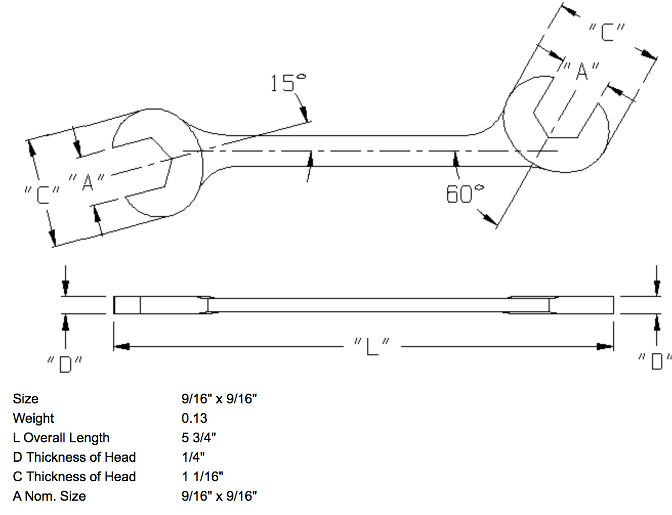9/16" x 9/16" Open End Wrench Double Angle 15 & 60 Degree (1368WR)