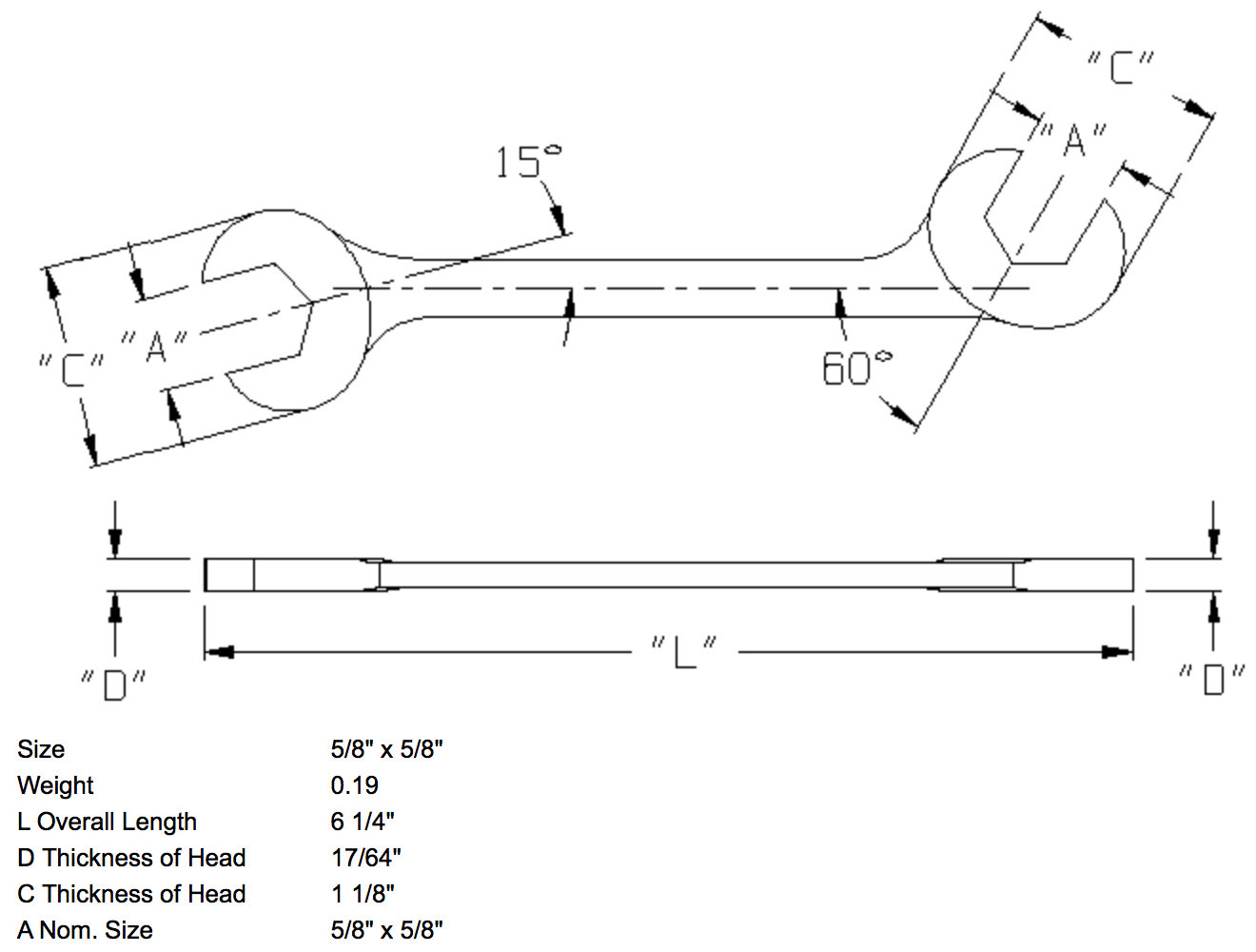 5/8" x 5/8" Open End Wrench Double Angle 15 & 60 Degree (1370WR)