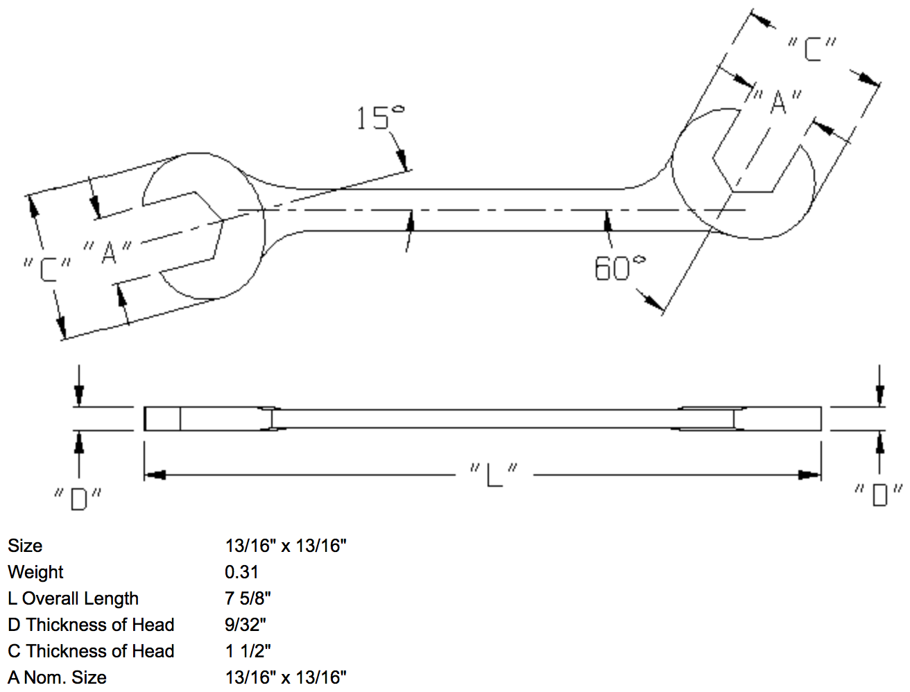 13/16" x 13/16" Open End Wrench Double Angle 15 & 60 Degree (1376WR)