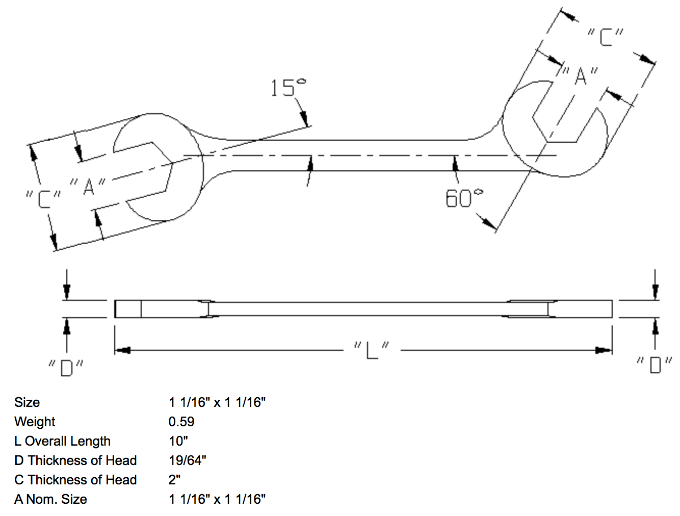 1-1/16" x 1-1/16" Open End Wrench Double Angle 15 & 60 Degree (1383WR)