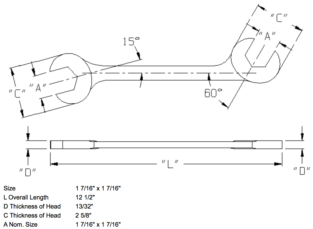 1-7/16" x 1-7/16" Open End Wrench Double Angle 15 & 60 Degree (1389WR)