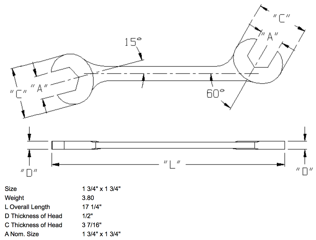 1-3/4" x 1-3/4" Open End Wrench Double Angle 15 & 60 Degree (1394WR)