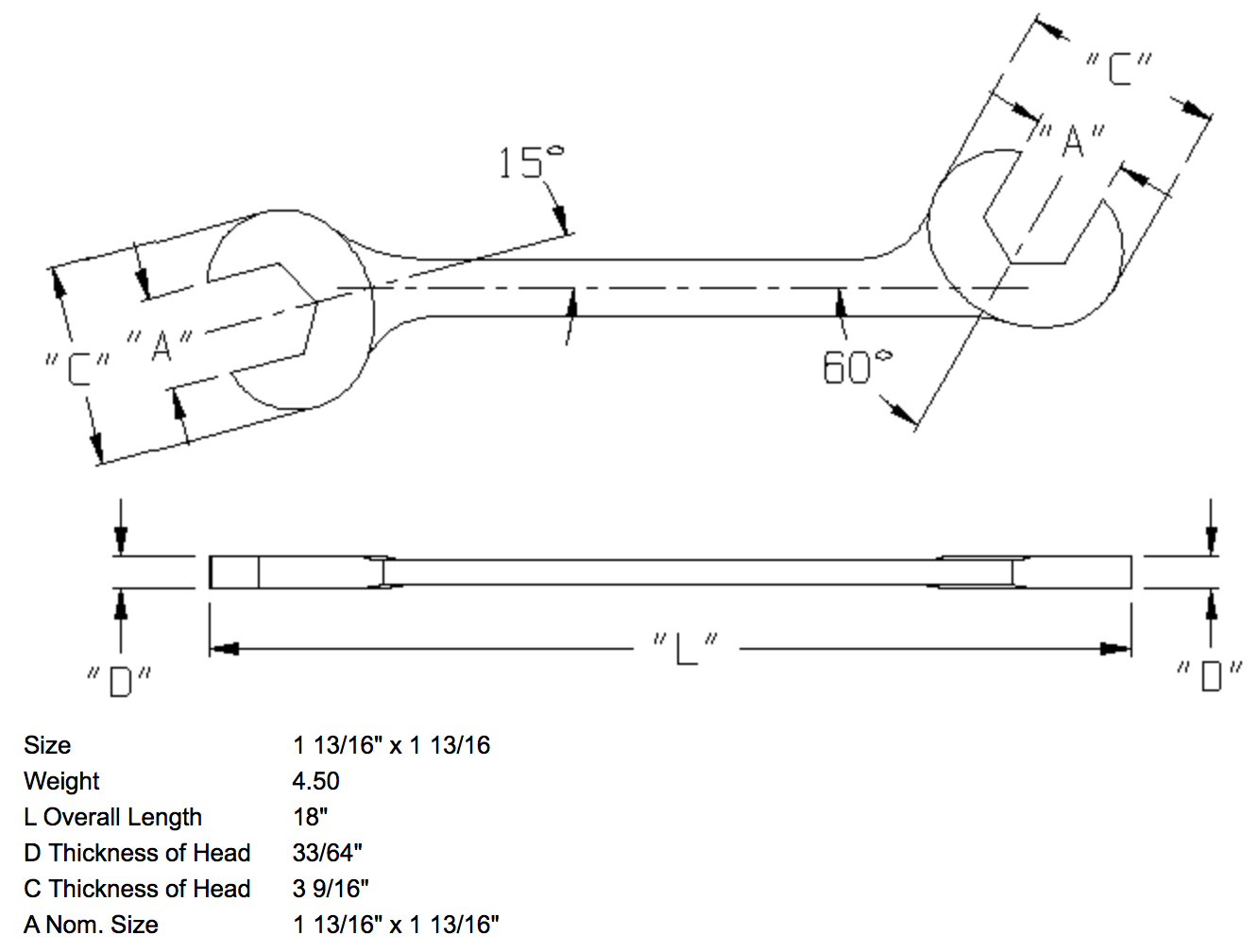 1-13/16" x 1-13/16" Open End Wrench Double Angle 15 & 60 Degree (1395WR)