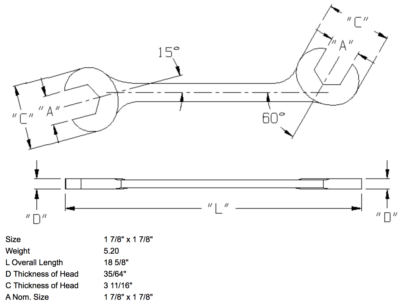 1-7/8" x 1-7/8" Open End Wrench Double Angle 15 & 60 Degree (1396WR)