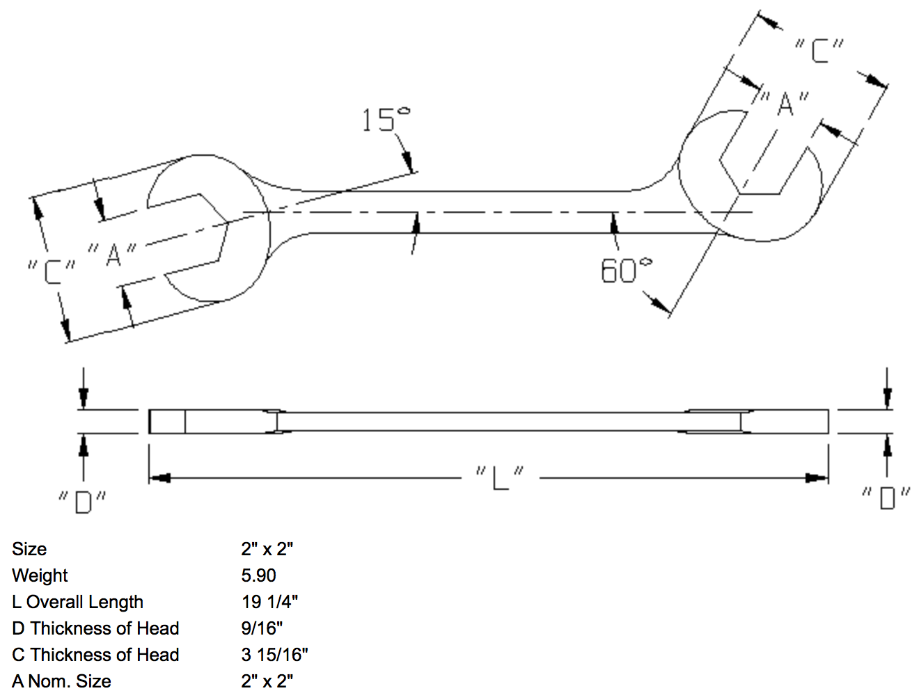 2" x 2" Open End Wrench Double Angle 15 & 60 Degree (1398WR)