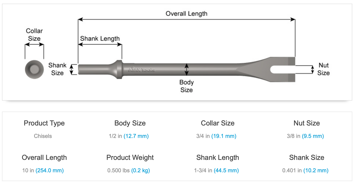 AJAX 10" 3/8" Nut Size .401 Turn Type Shank Nut Splitter Chisel (A1101)
