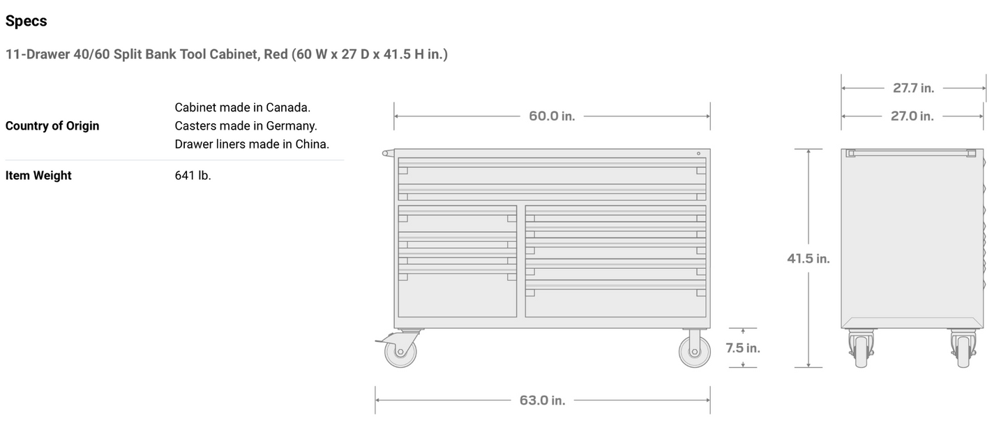 Tekton 11-Drawer 40/60 Split Bank Tool Cabinet, Red (60 W x 27 D x 41.5 H in.) Steel Top w/ Mat (OCL63202-T)