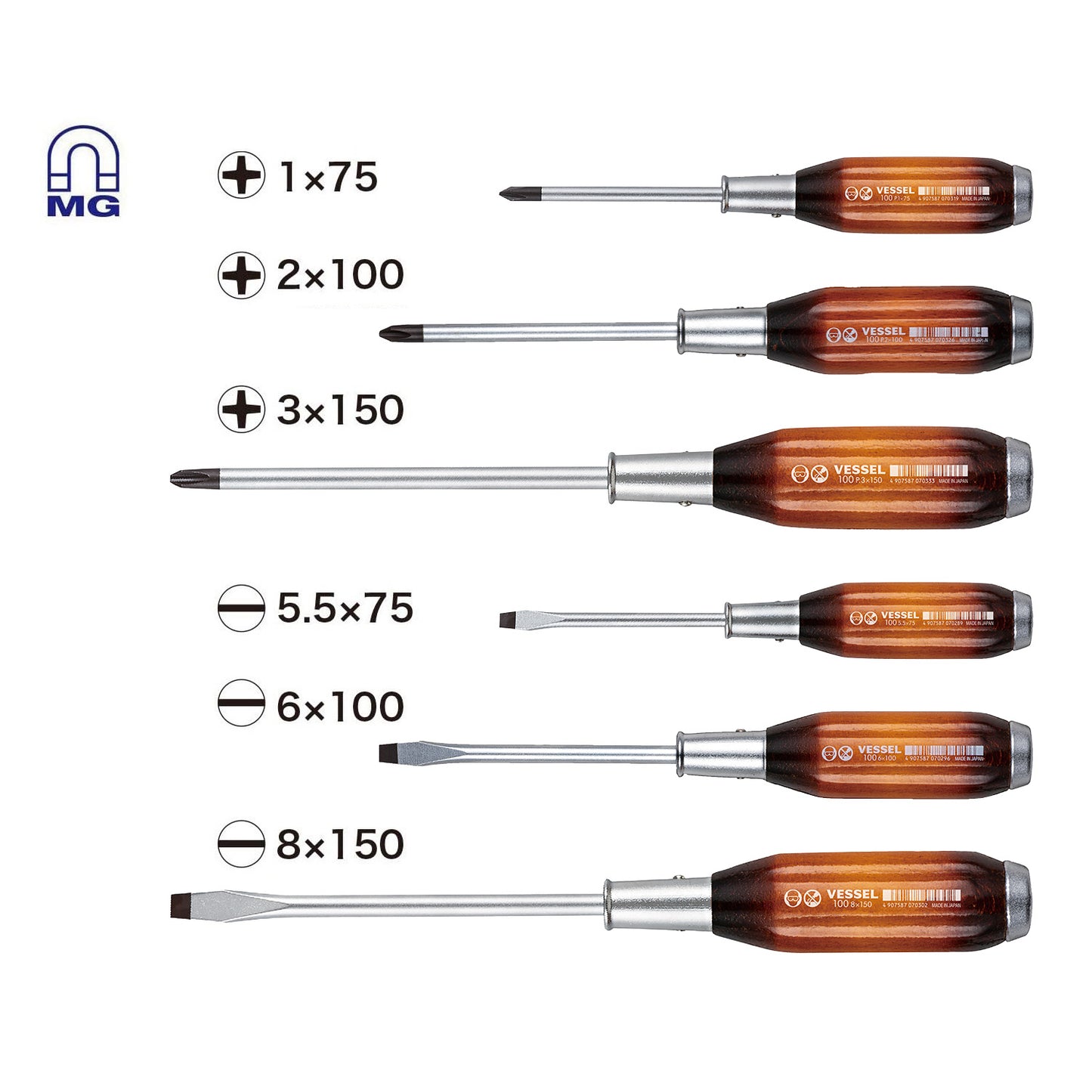 Vessel Premium Wood Handle Tang-thru Screwdriver (1006PBU)