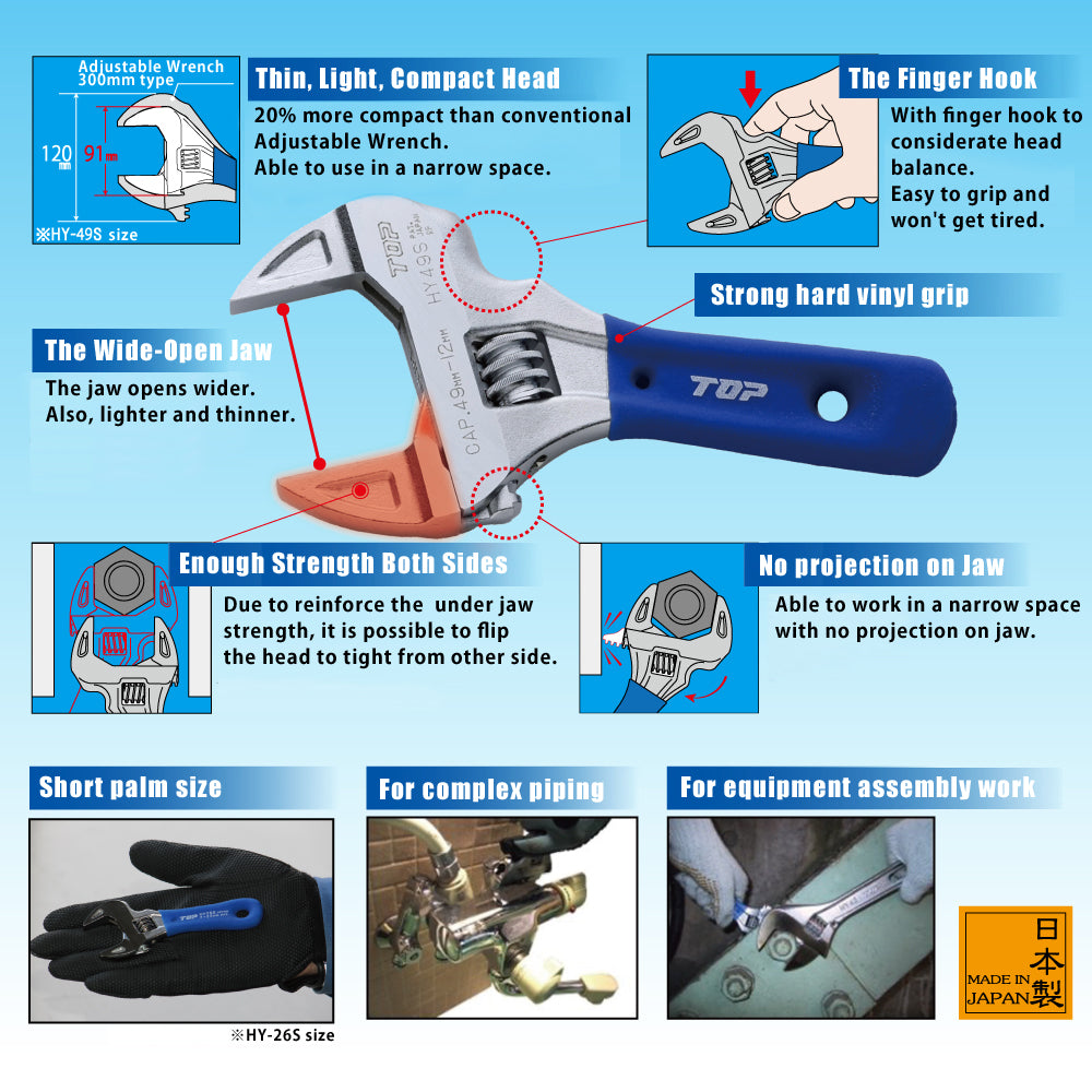 Top Short Eco Wide 7" (184mm) Adjustable Wrench (HY-49S)