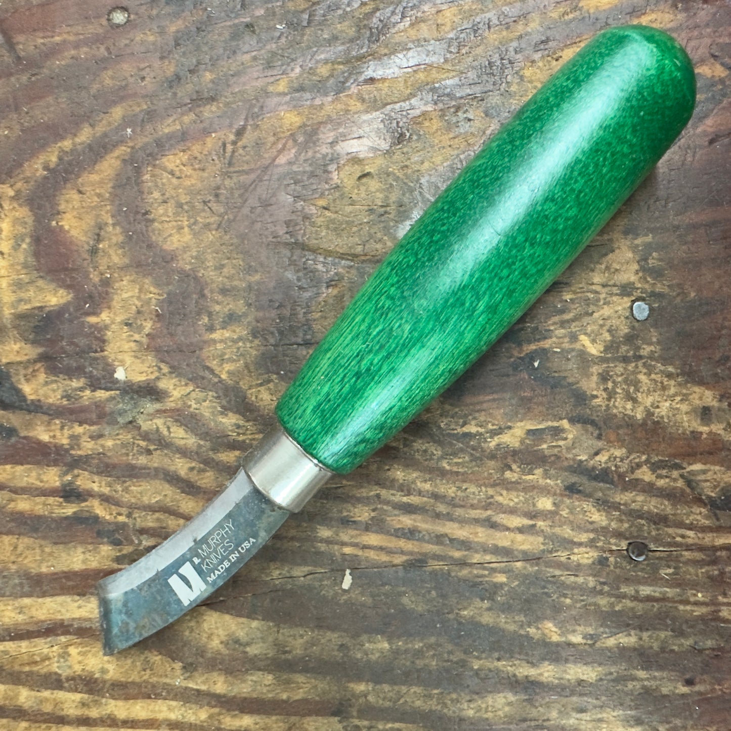 R. Murphy "Blemished" #2 Curved Lip Right Hand Shoe Knife w/ Green Handle (86874) 2CLRH