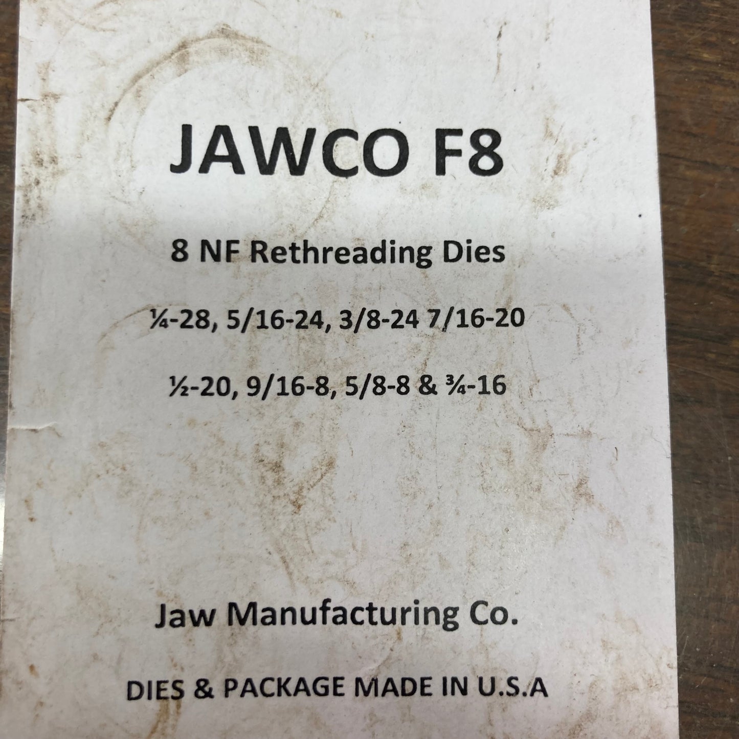 Jawco 8-Piece Left-Hand NF Fine Rethreading Die Set, 1/4"–3/4"