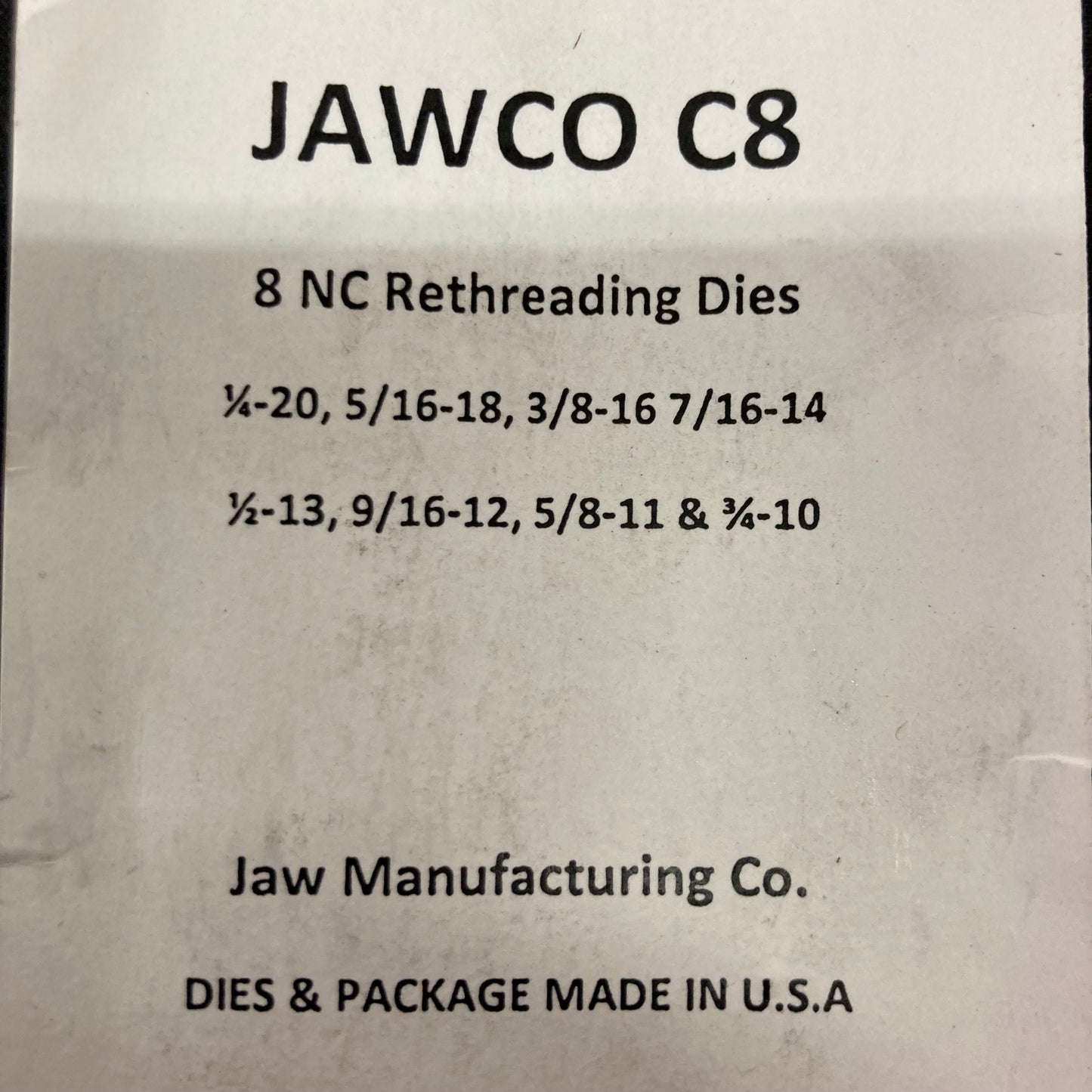 Jawco 8-Piece Left-Hand NC Coarse Rethreading Die Set, 1/4"–3/4" (LC8)