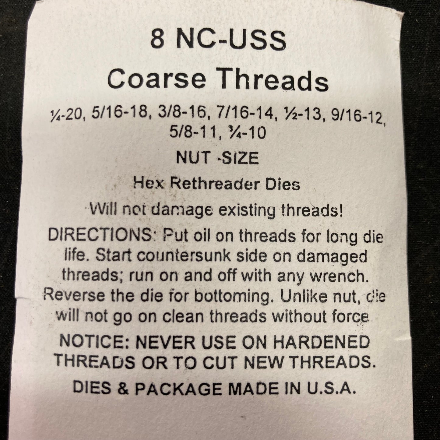 Jawco 8-Piece Left-Hand NC Coarse Rethreading Die Set, 1/4"–3/4" (LC8)