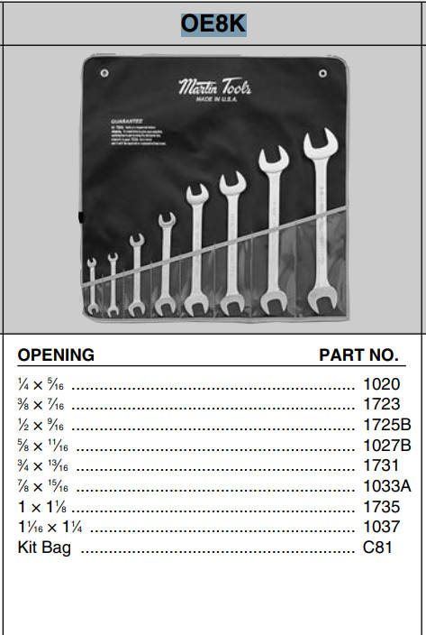 Martin 9pc Double Head Open End Wrench Set 1/4" - 1-1/4" (OE8K)
