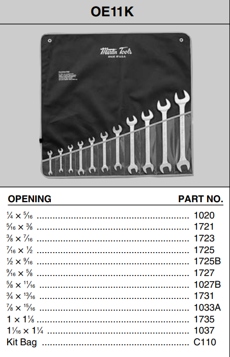 Martin 12pc Double Head Open End Wrench Set 1/4" - 1-1/4" (OE11K)