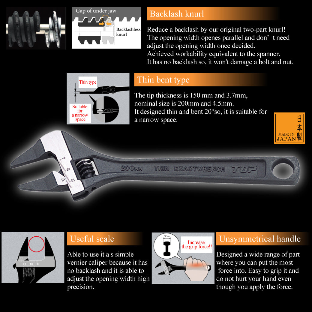 Top 8 1/2" (216mm) Thin Exact Bent Wrench (HT-200B)