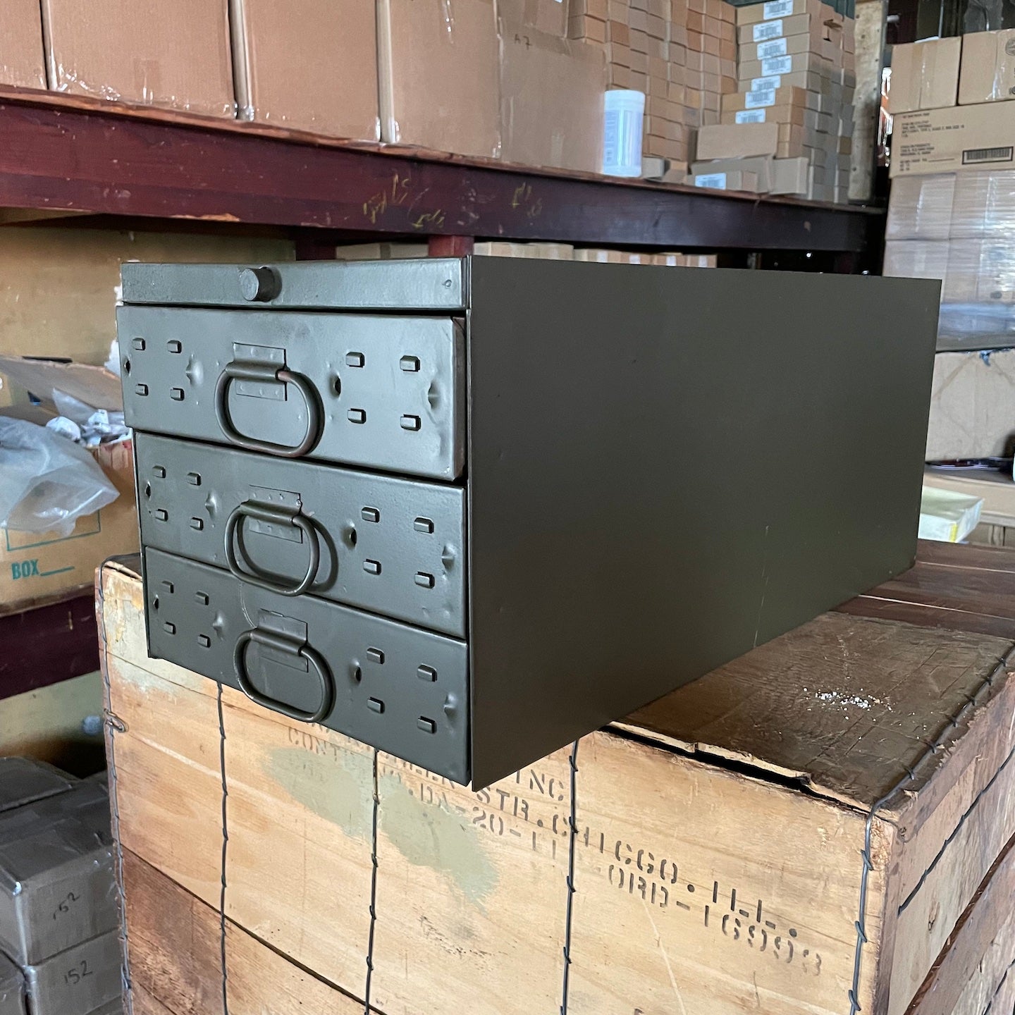 Dehler WWII Era 3 Drawer Metal Parts Box 22 1/2 x 11 x 9 1/2