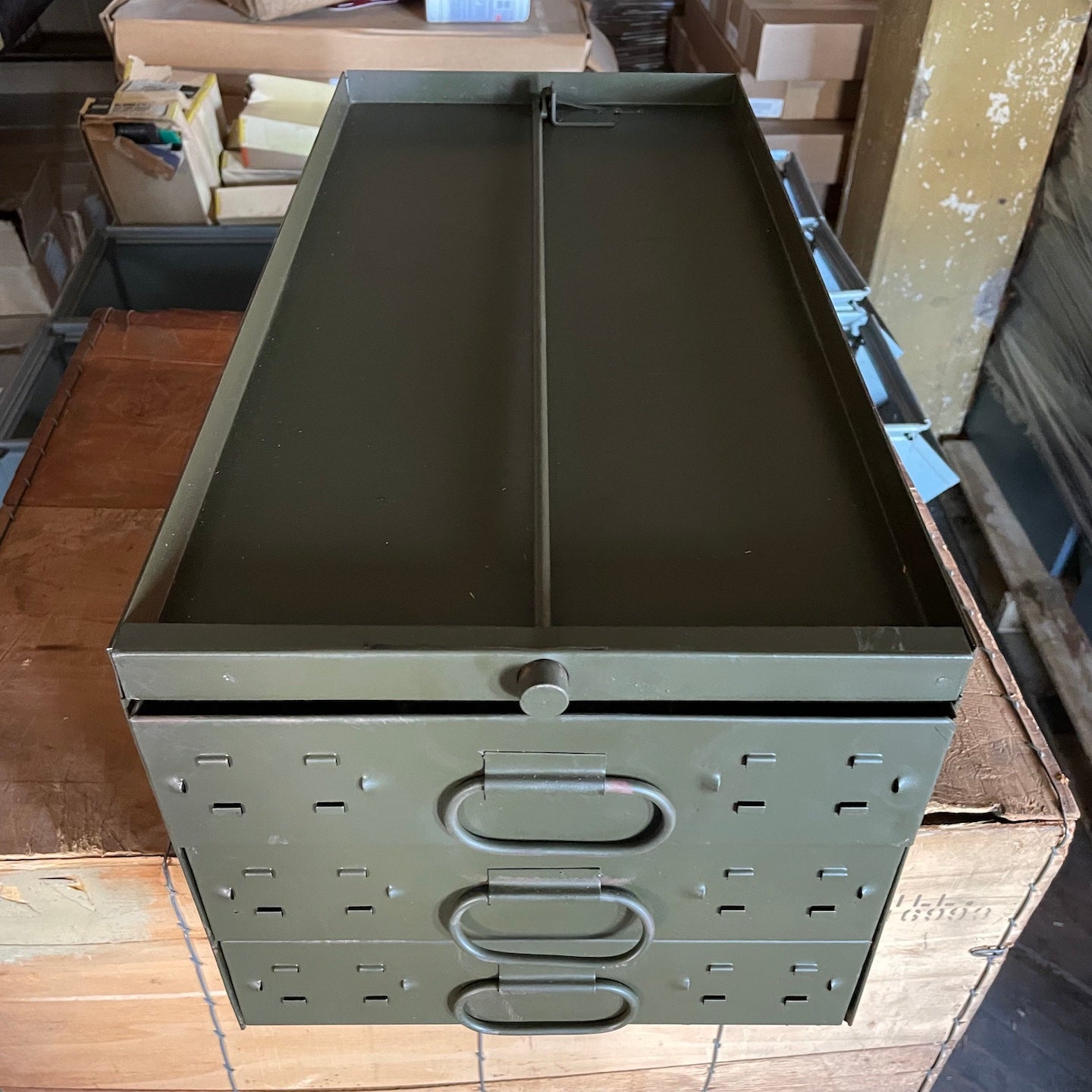Dehler WWII Era 3 Drawer Metal Parts Box 22 1/2 x 11 x 9 1/2