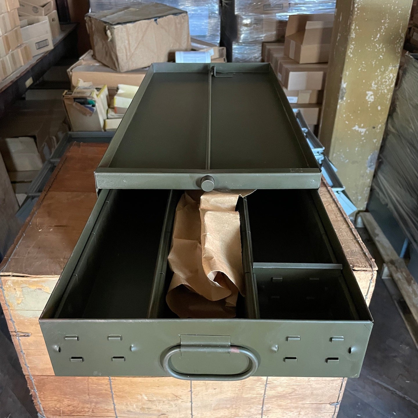 Dehler WWII Era 3 Drawer Metal Parts Box 22 1/2 x 11 x 9 1/2