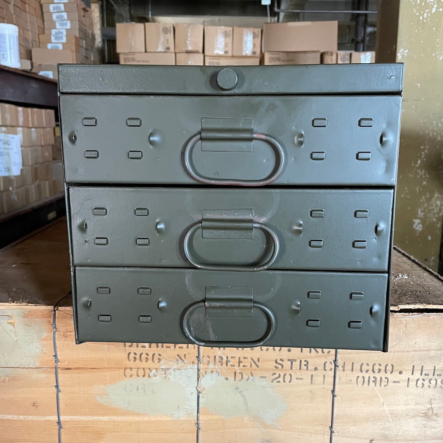 Dehler WWII Era 3 Drawer Metal Parts Box 22 1/2 x 11 x 9 1/2
