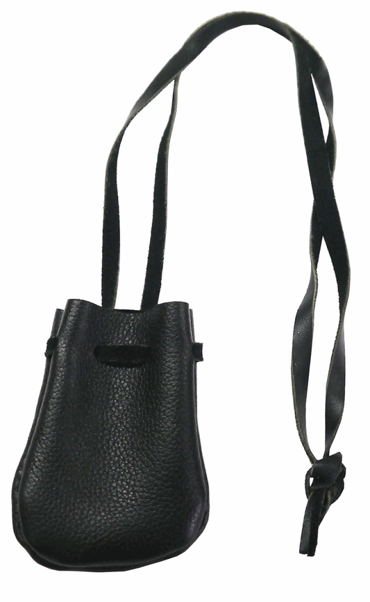 Small Black Leather Drawstring Medicine Necklace Pouch (601-BLK)