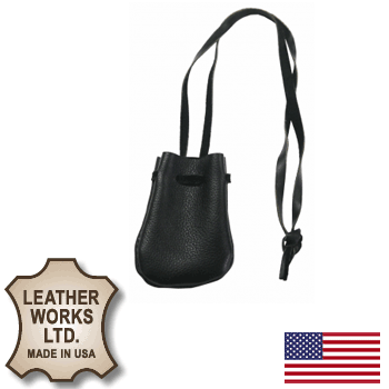 Small Black Leather Drawstring Medicine Necklace Pouch (601-BLK)