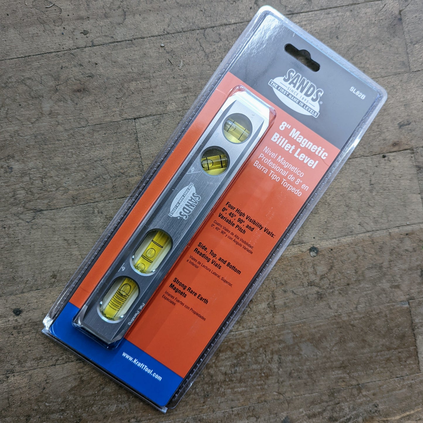 Sands 8" Magnetic Billet Level, 4 Hi-Vis Vials: 0, 45, 90 degree & Variable Pitch (SL82B)