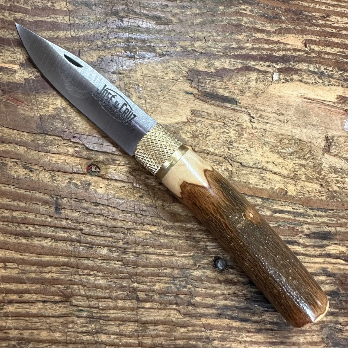Jose Da Cruz Carbon Steel Rustic Wood Handle Folding Knife w/ Brass Collar (RST.65.B)