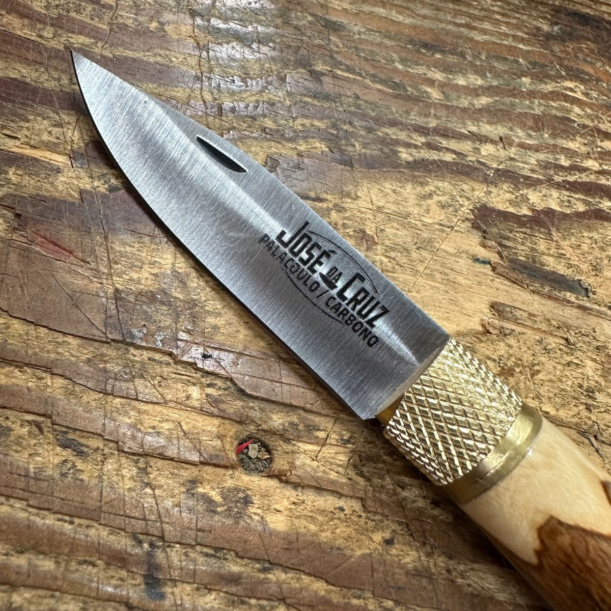 Jose Da Cruz Carbon Steel Rustic Wood Handle Folding Knife w/ Brass Collar (RST.65.B)