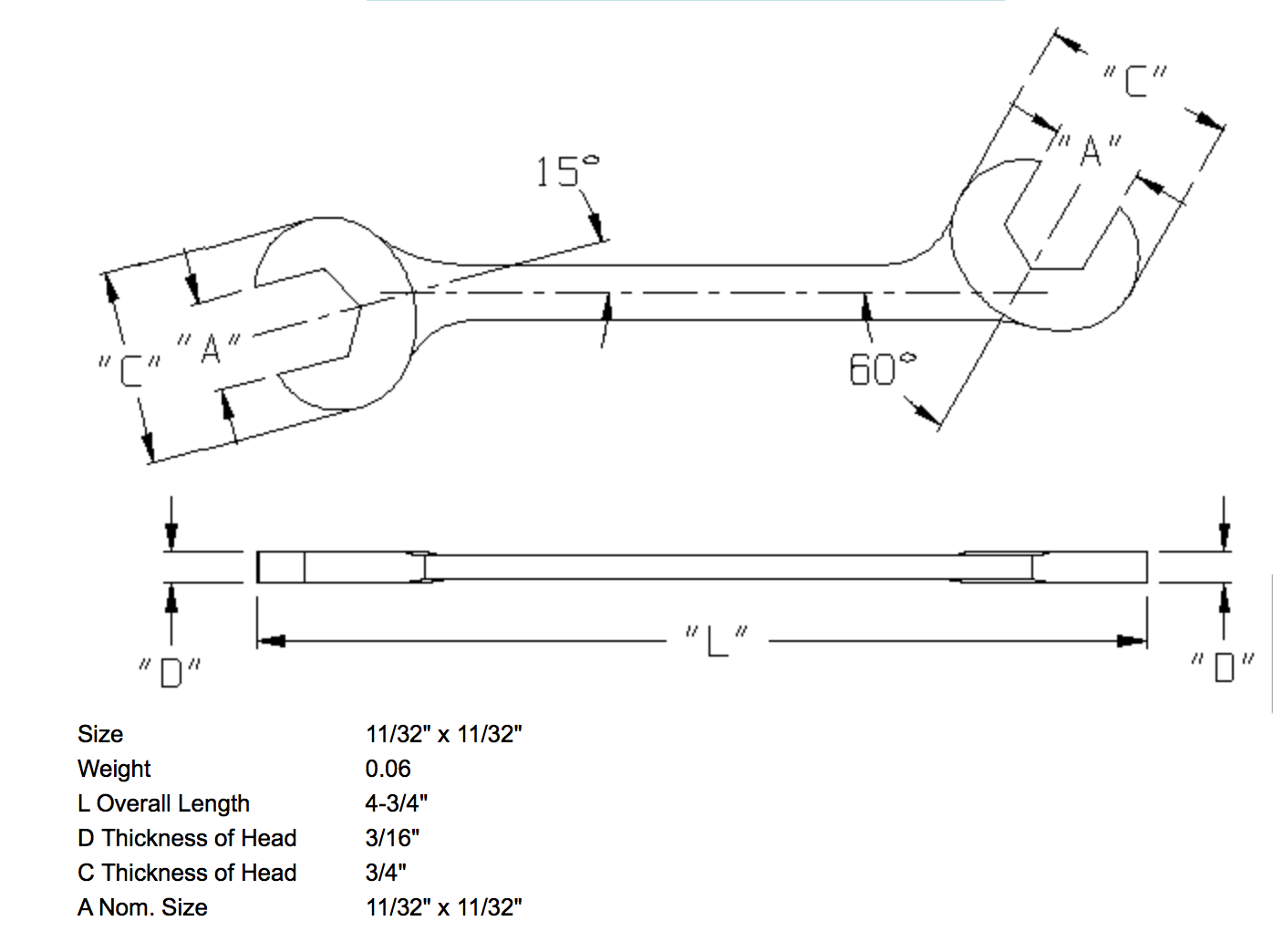 11/32" x 11/32" Open End Wrench Double Angle 15 & 60 Degree (1361WR)