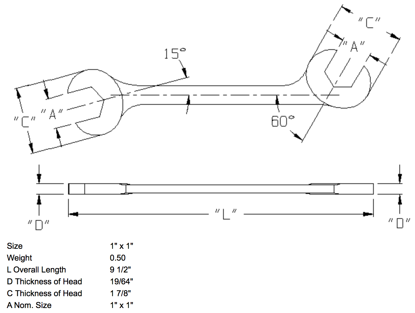 1" x 1" Open End Wrench Double Angle 15 & 60 Degree (1382WR)