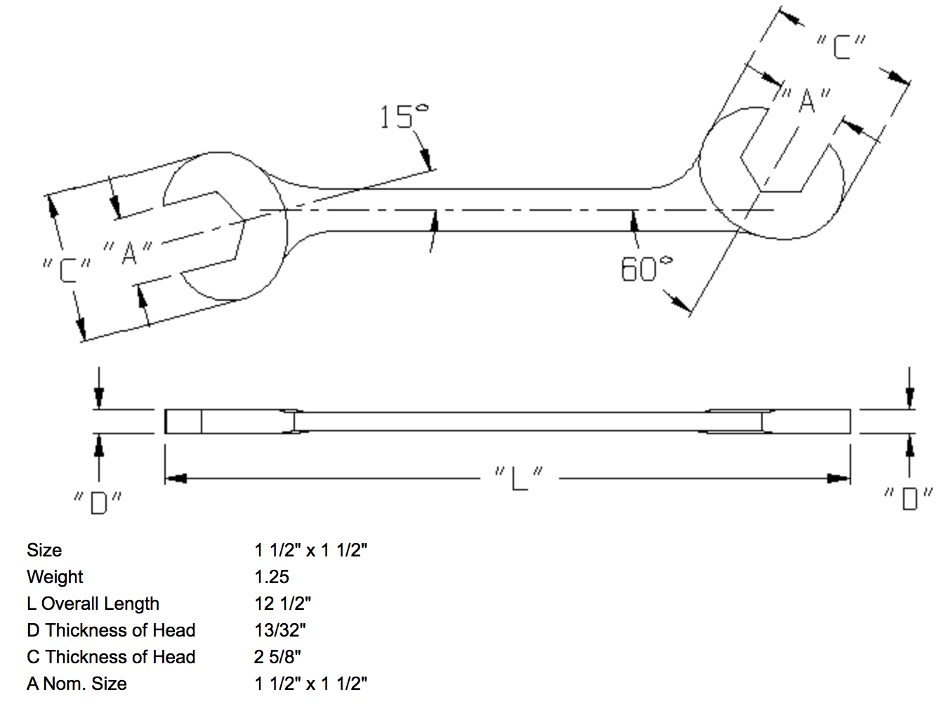 1-1/2" x 1-1/2" Open End Wrench Double Angle 15 & 60 Degree (1390WR)