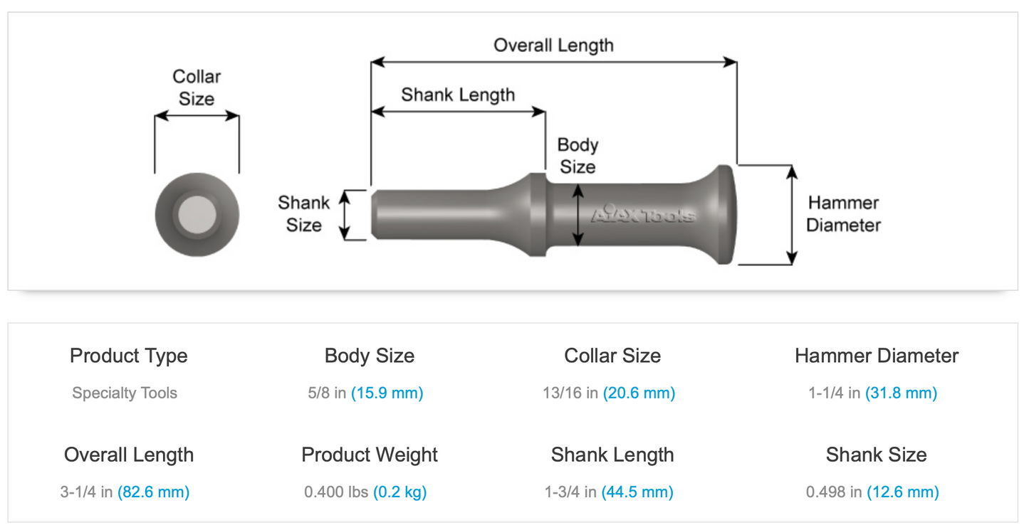 AJAX 3-1/4" Smoothing Hammer 1-1/4" Hammer Diameter .498 Turn Type Shank (A1601)